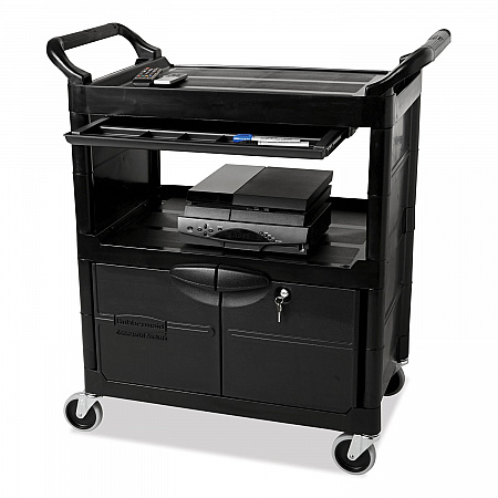 Utility Cart with Locking Doors, Plastic, 3 Shelves, 200 lb Capacity, 33.63
