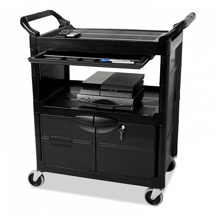 Utility Cart with Locking Doors, Plastic, 3 Shelves, 200 lb Capacity, 33.63" x 18.63" x 37.75", Black (345700BLA)