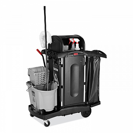 Executive High Security Janitorial Cleaning Cart, Plastic, 4 Shelves, 1 Bin, 23.1