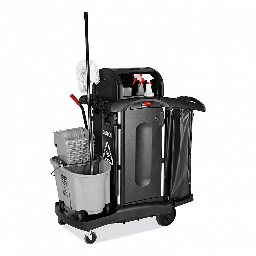 Executive High Security Janitorial Cleaning Cart, Plastic, 4 Shelves, 1 Bin, 23.1" x 39.6" x 27.5", Black (1861427)