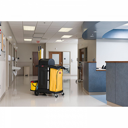 High-Security Healthcare Cleaning Cart, Metal, 4 Shelves, 1 Bin, 22