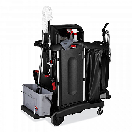 Executive High Security Janitorial Cleaning Cart, Plastic, 4 Shelves, 1 Bin, 23.1