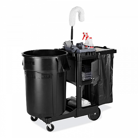 Executive Janitorial Cleaning Cart, Plastic, 4 Shelves, 1 Bin, 21.75