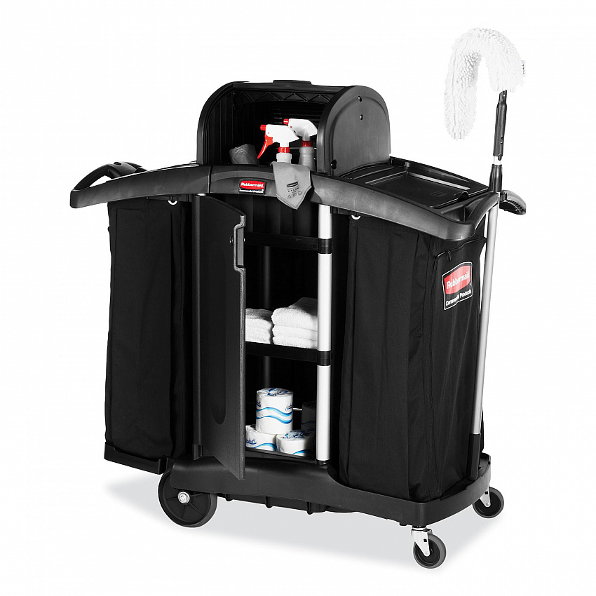 High-Security Housekeeping Cart, Plastic, 3 Shelves, 2 Bins, 22" x 51.75" x 53.5", Black/Silver (9T78)