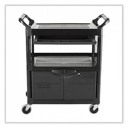 Utility Cart with Locking Doors, Plastic, 3 Shelves, 200 lb Capacity, 33.63