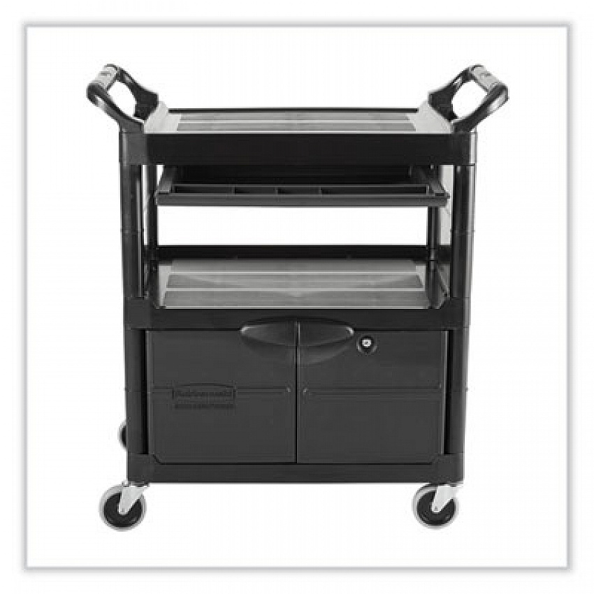 Utility Cart with Locking Doors, Plastic, 3 Shelves, 200 lb Capacity, 33.63" x 18.63" x 37.75", Black (345700BLA)
