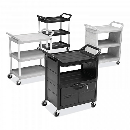 Utility Cart with Locking Doors, Plastic, 3 Shelves, 200 lb Capacity, 33.63
