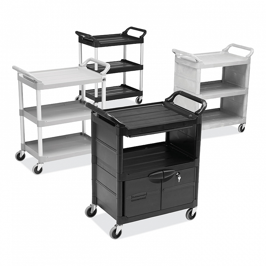 Utility Cart with Locking Doors, Plastic, 3 Shelves, 200 lb Capacity, 33.63" x 18.63" x 37.75", Black (345700BLA)