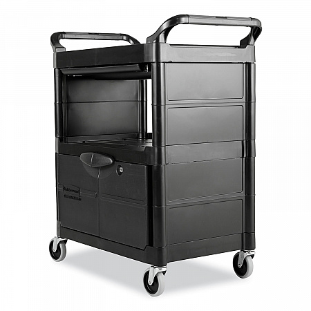 Utility Cart with Locking Doors, Plastic, 3 Shelves, 200 lb Capacity, 33.63