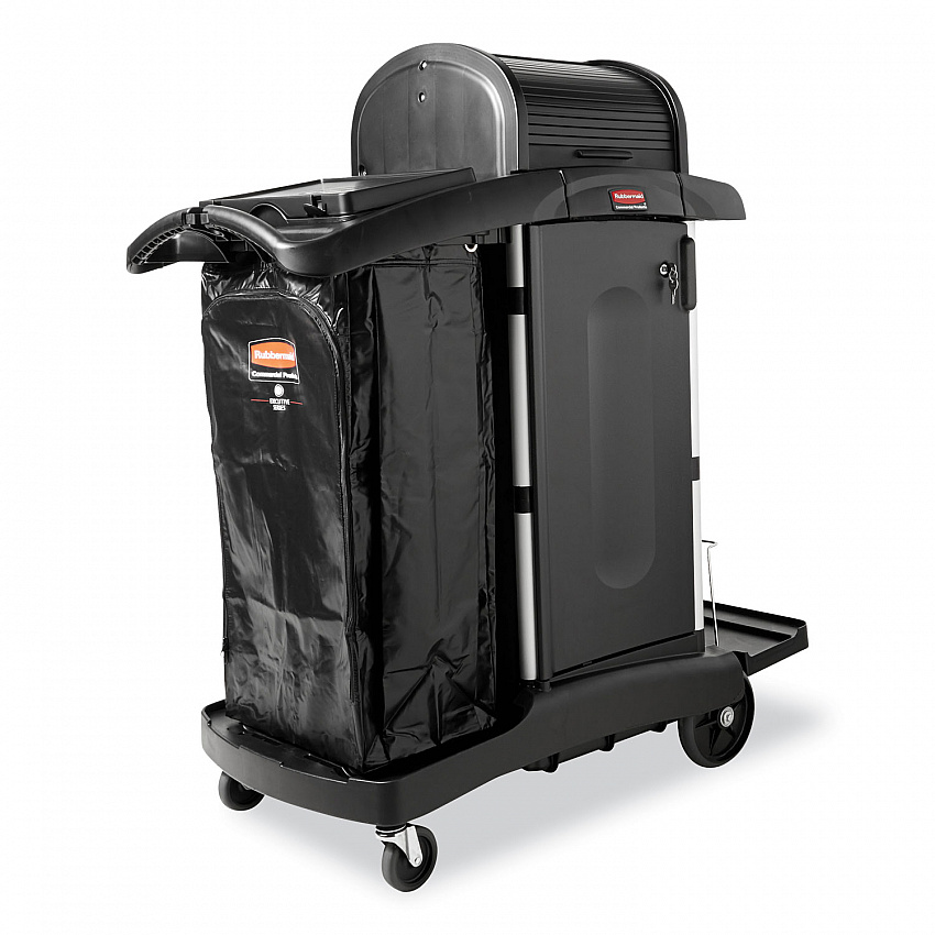 Executive High Security Janitorial Cleaning Cart, Plastic, 4 Shelves, 1 Bin, 23.1" x 39.6" x 27.5", Black (1861427)