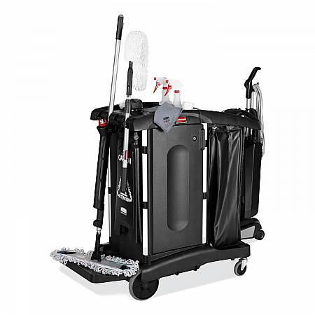 Executive High Security Janitorial Cleaning Cart, Plastic, 4 Shelves, 1 Bin, 23.1