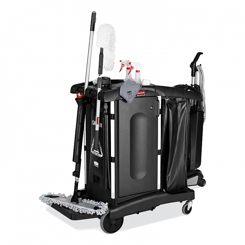 Executive High Security Janitorial Cleaning Cart, Plastic, 4 Shelves, 1 Bin, 23.1" x 39.6" x 27.5", Black (1861427)