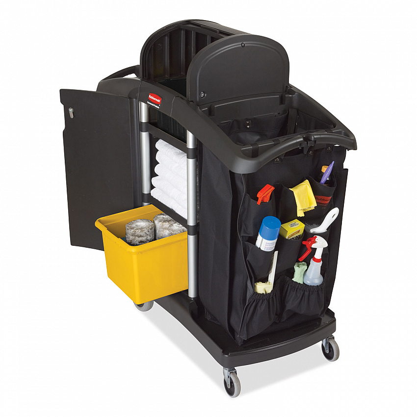High-Security Housekeeping Cart, Plastic, 3 Shelves, 2 Bins, 22" x 51.75" x 53.5", Black/Silver (9T78)