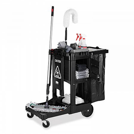Executive Janitorial Cleaning Cart, Plastic, 4 Shelves, 1 Bin, 21.75
