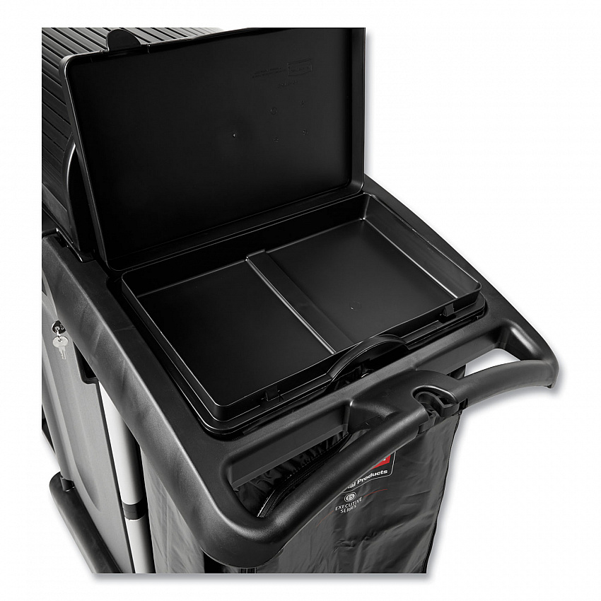 Executive High Security Janitorial Cleaning Cart, Plastic, 4 Shelves, 1 Bin, 23.1" x 39.6" x 27.5", Black (1861427)
