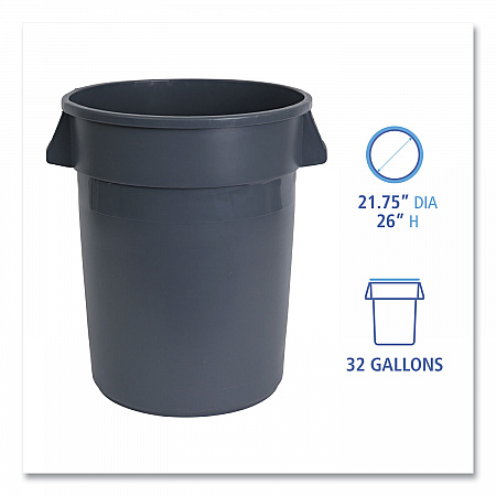 Round Waste Receptacle, 32 gal, Linear-Low-Density Polyethylene, Gray (32GLWRGRA)