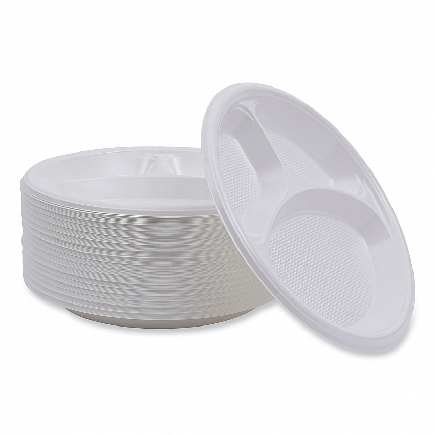Hi-Impact Plastic Dinnerware, 3-Compartment Plate, 10" dia, White, 500/Carton (PLTHIPS10WH3)