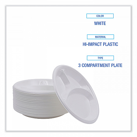 Hi-Impact Plastic Dinnerware, 3-Compartment Plate, 10
