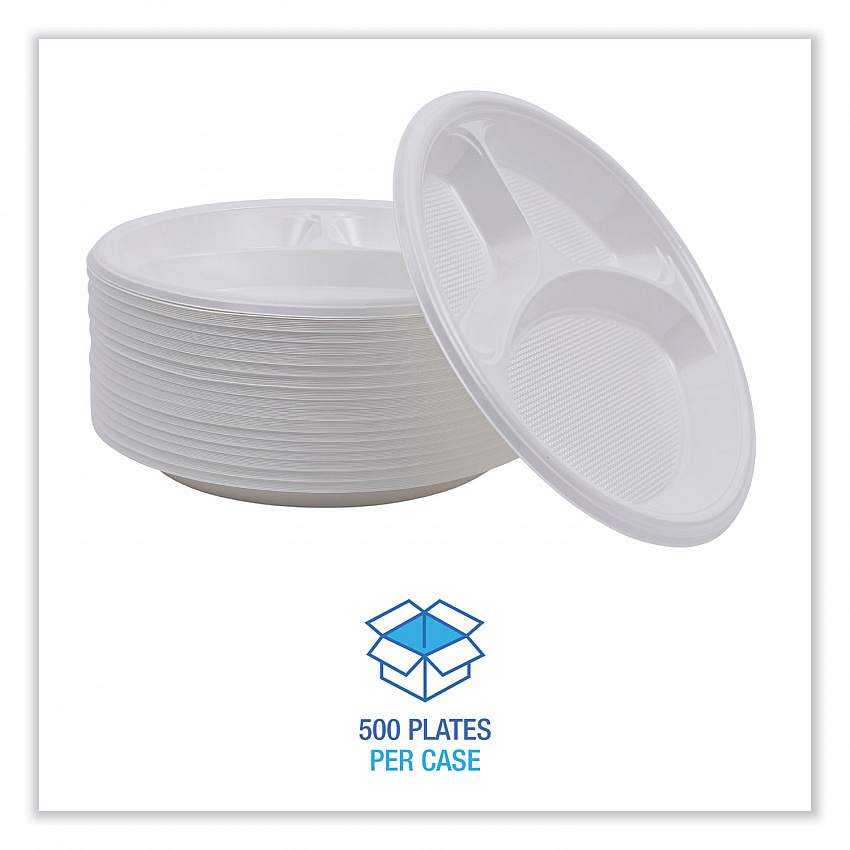 Hi-Impact Plastic Dinnerware, 3-Compartment Plate, 10" dia, White, 500/Carton (PLTHIPS10WH3)