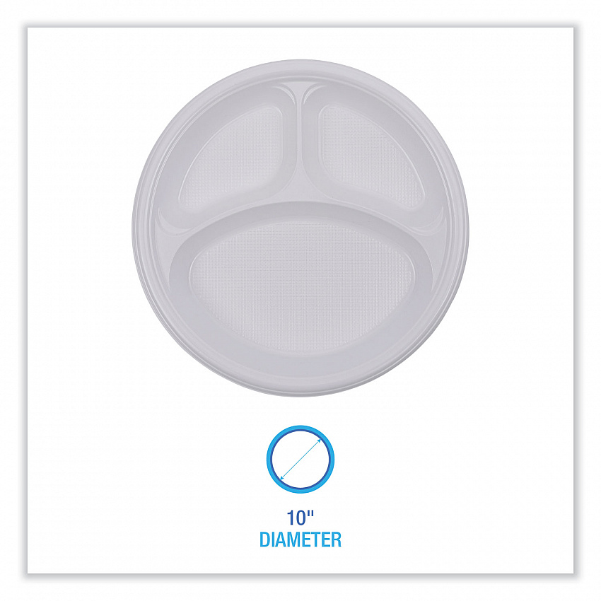 Hi-Impact Plastic Dinnerware, 3-Compartment Plate, 10" dia, White, 500/Carton (PLTHIPS10WH3)