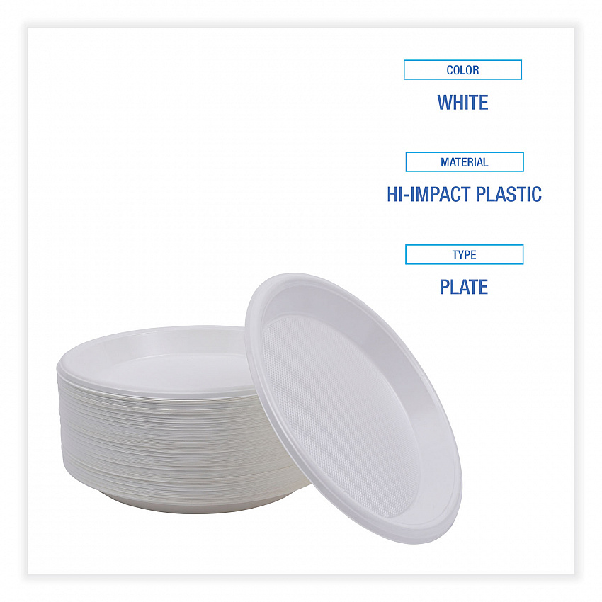 Hi-Impact Plastic Dinnerware, Plate, 10" dia, White, 500/Carton (PLHIPS10WH)