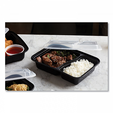 Newspring VERSAtainer Microwavable Containers, Rectangular, 2 Compartments, 30 oz, Black/Clear, Plastic, 150/Carton (NC8288B)