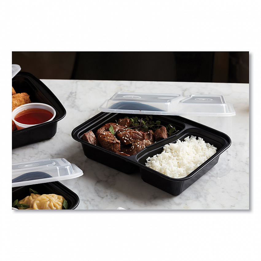 Newspring VERSAtainer Microwavable Containers, Rectangular, 2 Compartments, 30 oz, Black/Clear, Plastic, 150/Carton (NC8288B)