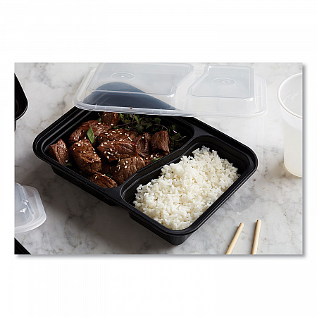 Newspring VERSAtainer Microwavable Containers, Rectangular, 2 Compartments, 30 oz, Black/Clear, Plastic, 150/Carton (NC8288B)