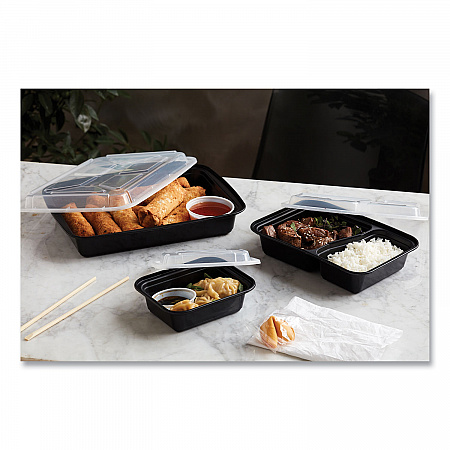 Newspring VERSAtainer Microwavable Containers, Rectangular, 58 oz, 11.5 x 8.5 x 2.5, Black/Clear, Plastic, 150/Carton (NC989B)