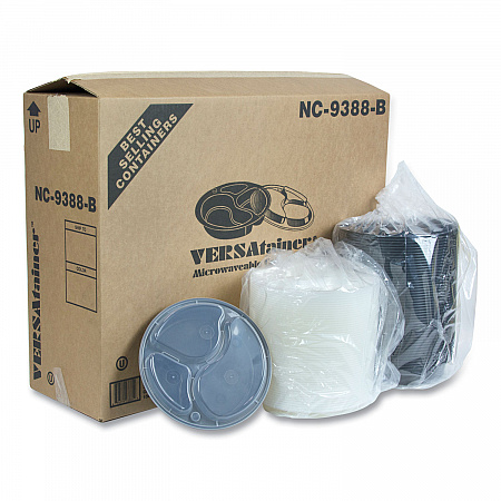 Newspring VERSAtainer Microwavable Containers, Round, 3 Compartment, 39 oz, 9.5 x 9.5 x 2.3, Black/Clear, Plastic, 150/Carton (NC9388B)