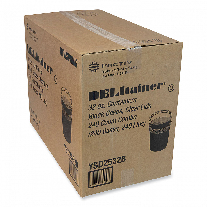 Newspring DELItainer Microwavable Container, 32 oz, 4.55 x 4.55 x 5.55, Black/Clear, Plastic, 240/Carton (YSD2532B)