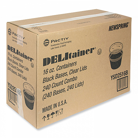 Newspring DELItainer Microwavable Container, 16 oz, 4.7 x 4.7 x 3.1, Black/Clear, Plastic, 240/Carton (YSD2516B)