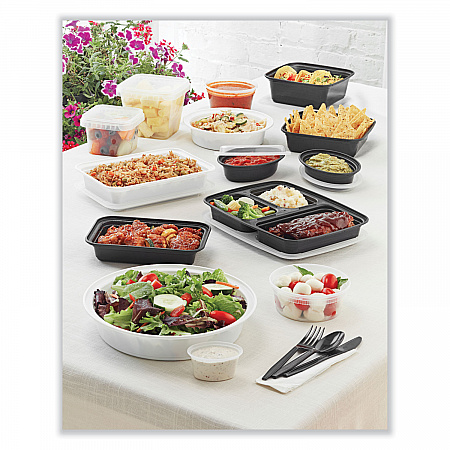 Newspring VERSAtainer Microwavable Containers, Round, 3 Compartment, 39 oz, 9.5 x 9.5 x 2.3, Black/Clear, Plastic, 150/Carton (NC9388B)