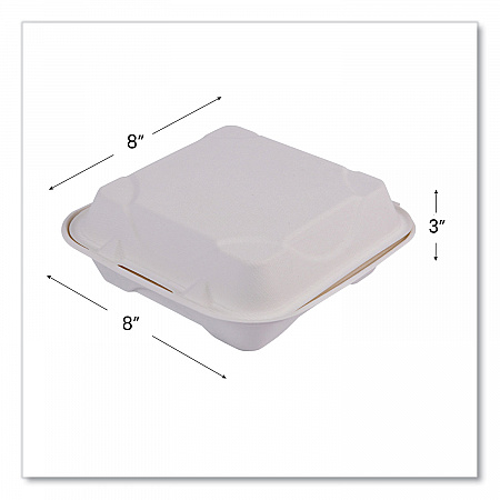 Molded Fiber Hinged Clamshell Containers, 8 x 8 x 3, White, Sugarcane, 200/Carton (EPHC81)