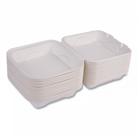 Molded Fiber Hinged Clamshell Containers, 8 x 8 x 3, White, Sugarcane, 200/Carton (EPHC81)