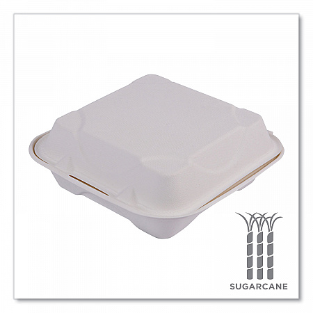 Molded Fiber Hinged Clamshell Containers, 8 x 8 x 3, White, Sugarcane, 200/Carton (EPHC81)
