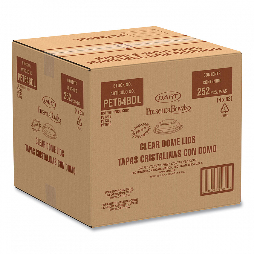 PresentaBowls Lids, Clear, Fits 24 oz to 64 oz Bowls, 7.3" Diameter x 1.1" h, Plastic, 252/Carton (PET64BDL)