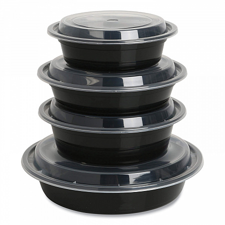 Microwavable Food Container with Lid, Round, 32 oz, 7.28 x 7.28 x 2.55, Black/Clear, Plastic, 150/Carton (TORND32)