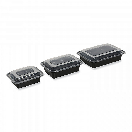 Microwavable Food Container with Lid, Rectangular, 38 oz, 8.81 x 6.02 x 2.48, Black/Clear, Plastic, 150/Carton (TORECT38)