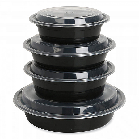 Microwavable Food Container with Lid, Round, 16 oz, 6.29 x 6.29 x 1.96, Black/Clear, Plastic, 150/Carton (TORND16)