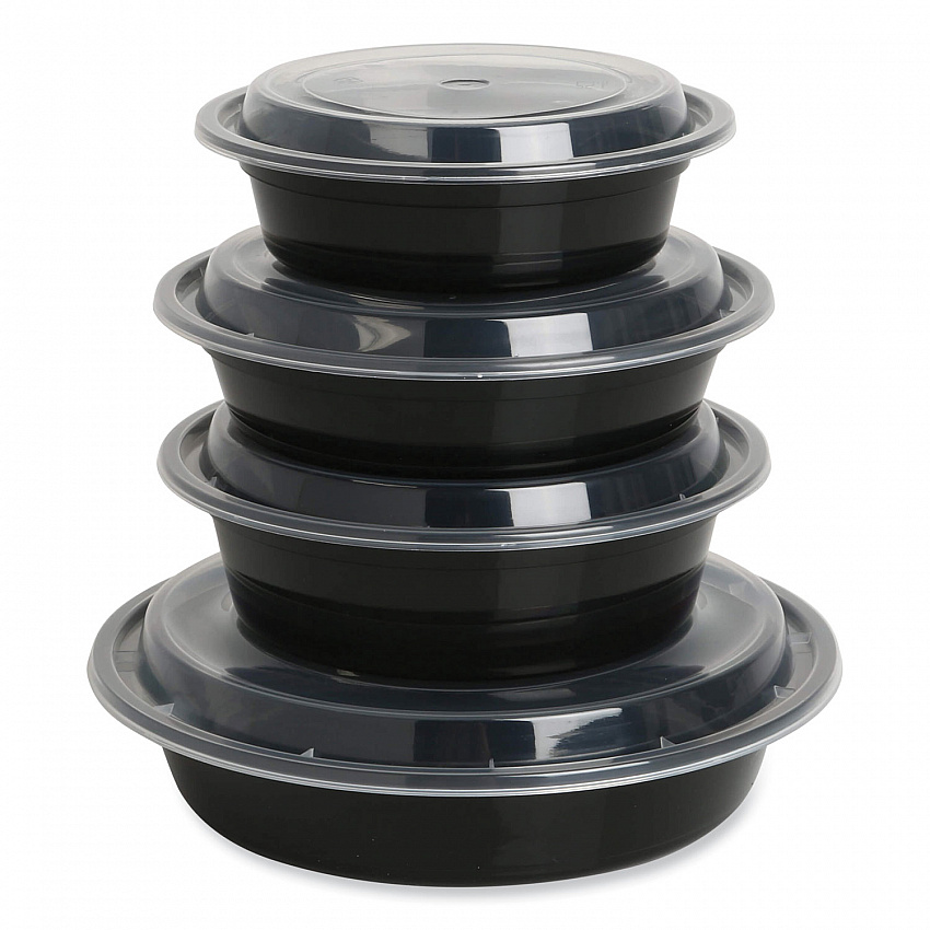Microwavable Food Container with Lid, Round, 16 oz, 6.29 x 6.29 x 1.96, Black/Clear, Plastic, 150/Carton (TORND16)