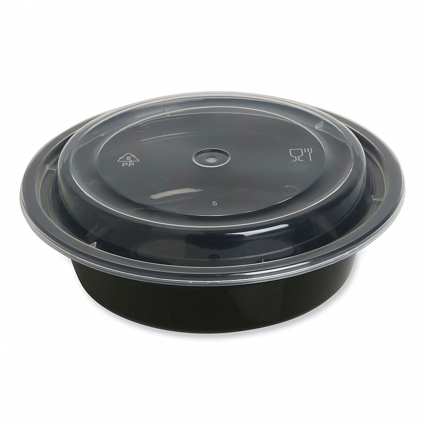 Microwavable Food Container with Lid, Round, 16 oz, 6.29 x 6.29 x 1.96, Black/Clear, Plastic, 150/Carton (TORND16)
