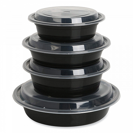 Microwavable Food Container with Lid, Round, 48 oz, 8.85 x 8.85 x 2.24, Black/Clear, Plastic, 150/Carton (TORND48)
