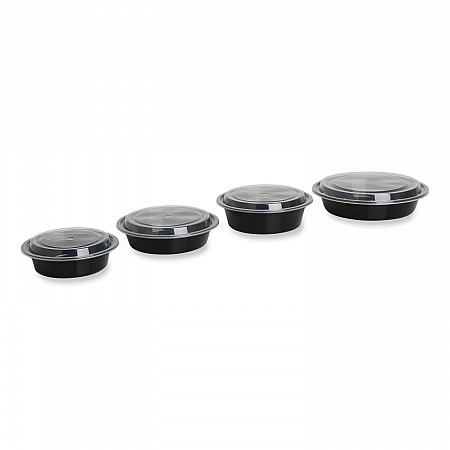 Microwavable Food Container with Lid, Round, 48 oz, 8.85 x 8.85 x 2.24, Black/Clear, Plastic, 150/Carton (TORND48)