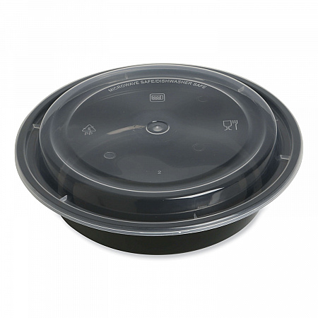 Microwavable Food Container with Lid, Round, 24 oz, 7.28 x 7.28 x 1.96, Black/Clear, Plastic, 150/Carton (TORND24)