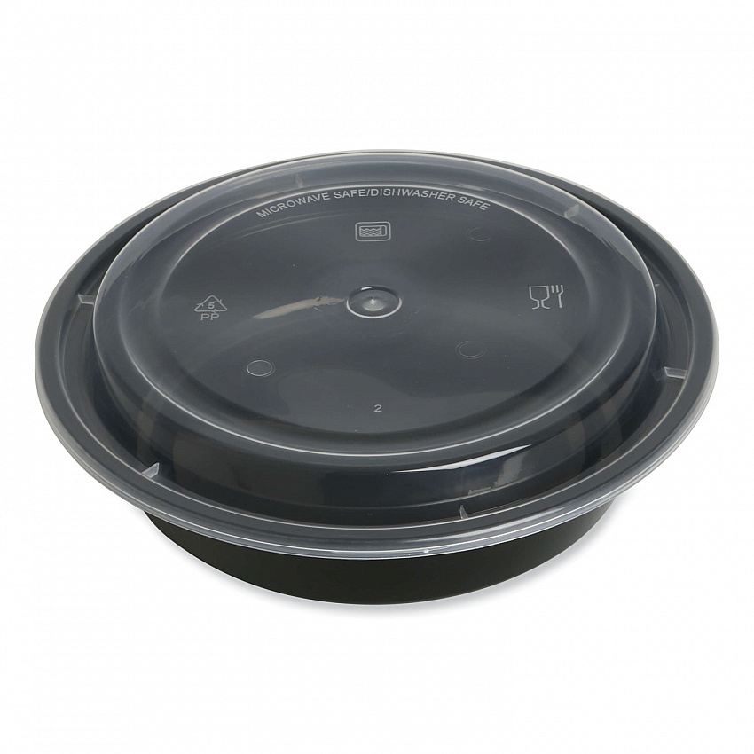 Microwavable Food Container with Lid, Round, 24 oz, 7.28 x 7.28 x 1.96, Black/Clear, Plastic, 150/Carton (TORND24)