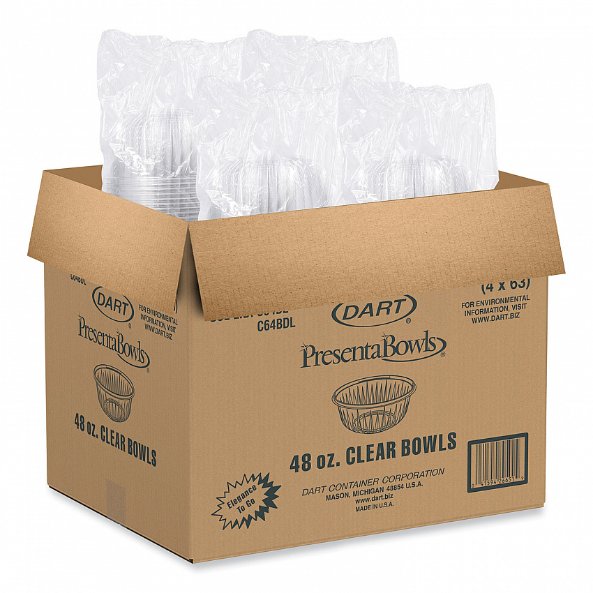 PresentaBowls Clear Bowls, 48 oz, Plastic, 63/Bag, 252/Carton (C48B)