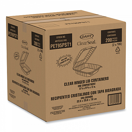 ClearSeal Hinged-Lid Plastic Containers, 9.3 x 8.83 x 3, Clear, 200/Carton (PET95PST1)