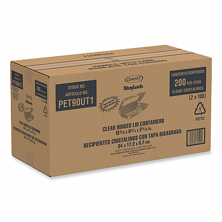 StayLock Clear Hinged Lid Containers, 8 x 13.38 x 2.6, Clear, Plastic, 200/Carton (PET90UT1)