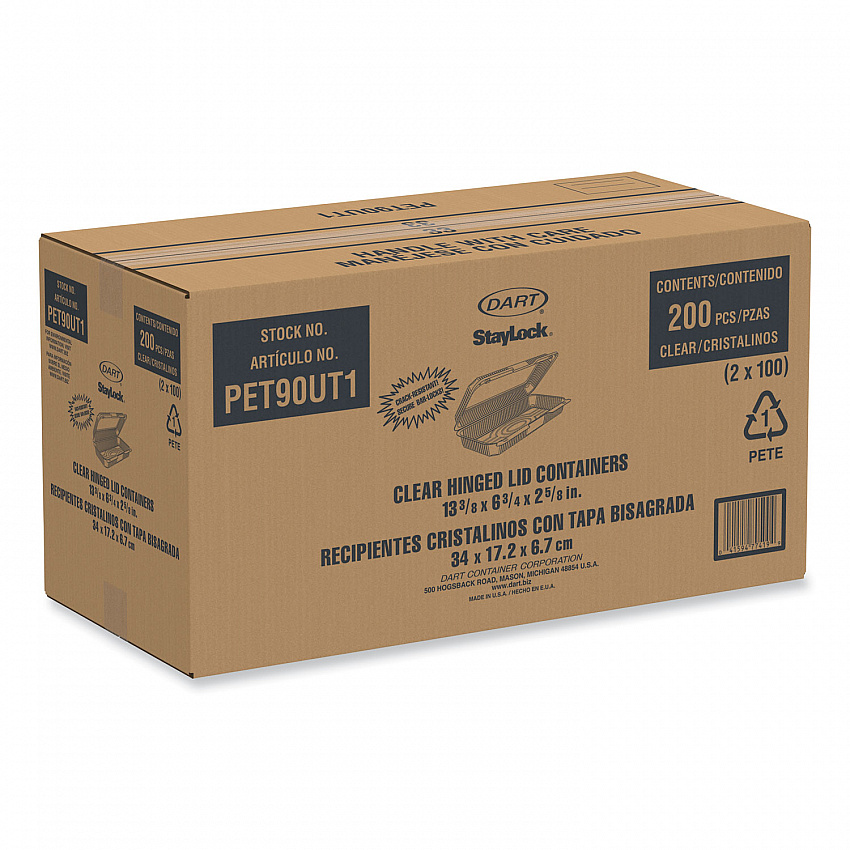 StayLock Clear Hinged Lid Containers, 8 x 13.38 x 2.6, Clear, Plastic, 200/Carton (PET90UT1)